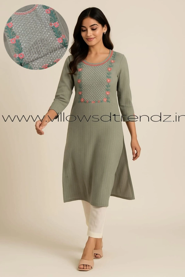 Twill Blue Embrodiery Popcorn Kurti EMB25502 - Grey, XL