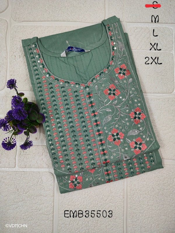 Twill Blue Embrodiery Popcorn Kurti EMB35503 - Green, L