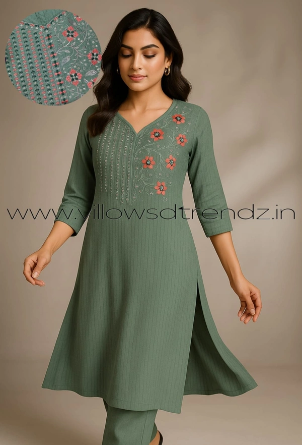 Twill Blue Embrodiery Popcorn Kurti EMB35503 - Green, L