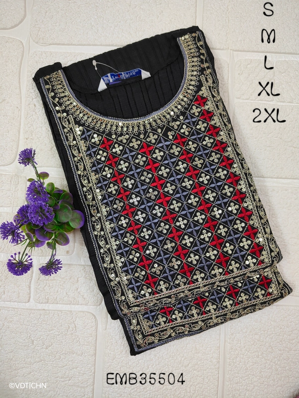 Twill Blue Embrodiery Popcorn Kurti EMB35504 - Black, S