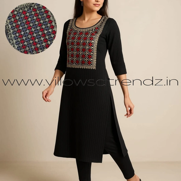 Twill Blue Embrodiery Popcorn Kurti EMB35504 - Black, S