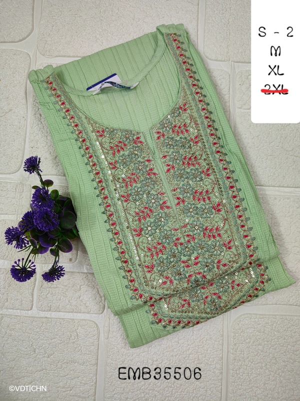 Twill Blue Embrodiery Popcorn Kurti EMB35506 - Peach Green, XL