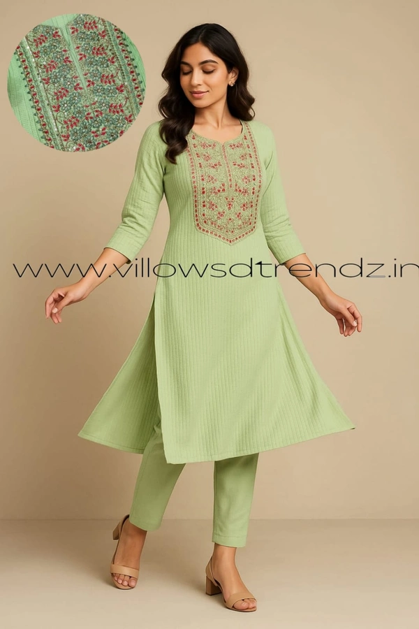 Twill Blue Embrodiery Popcorn Kurti EMB35506 - Peach Green, XL