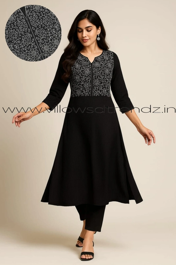 Twill Blue Embrodiery Popcorn Kurti EMB35507 - Black, M