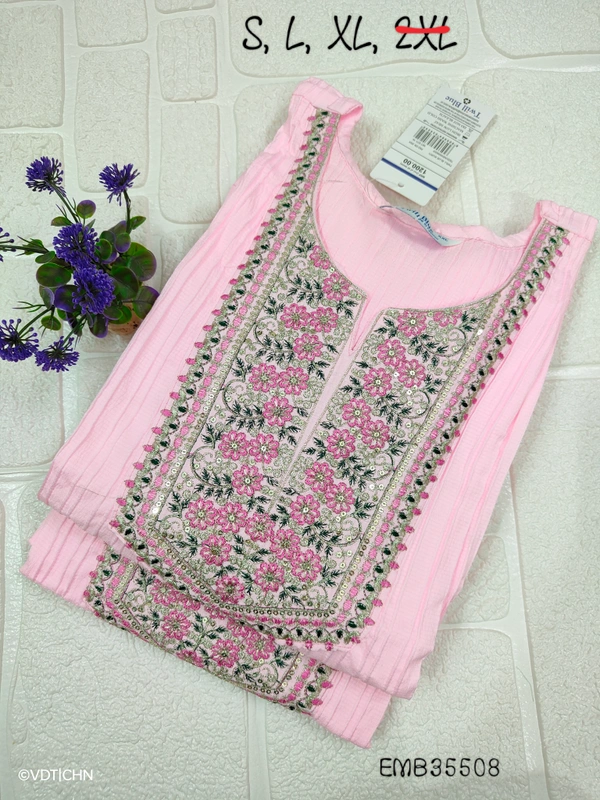 Twill Blue Embrodiery Popcorn Kurti EMB35508 - Pink, S