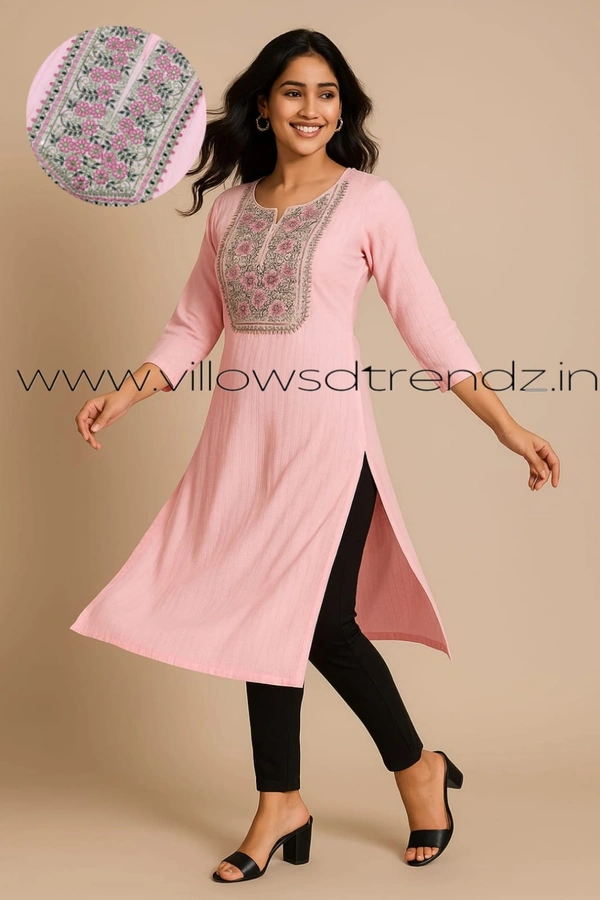 Twill Blue Embrodiery Popcorn Kurti EMB35508 - Pink, S