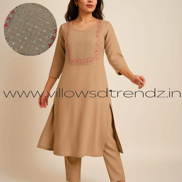 Twill Blue Embrodiery Popcorn Kurti EMB35509 - Light Brown, 2XL
