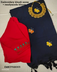 Ruthvi Ethincs Embroidery Khadi Saree With Blouse EMK37021003 - Ink Blue, Saree With Blouse