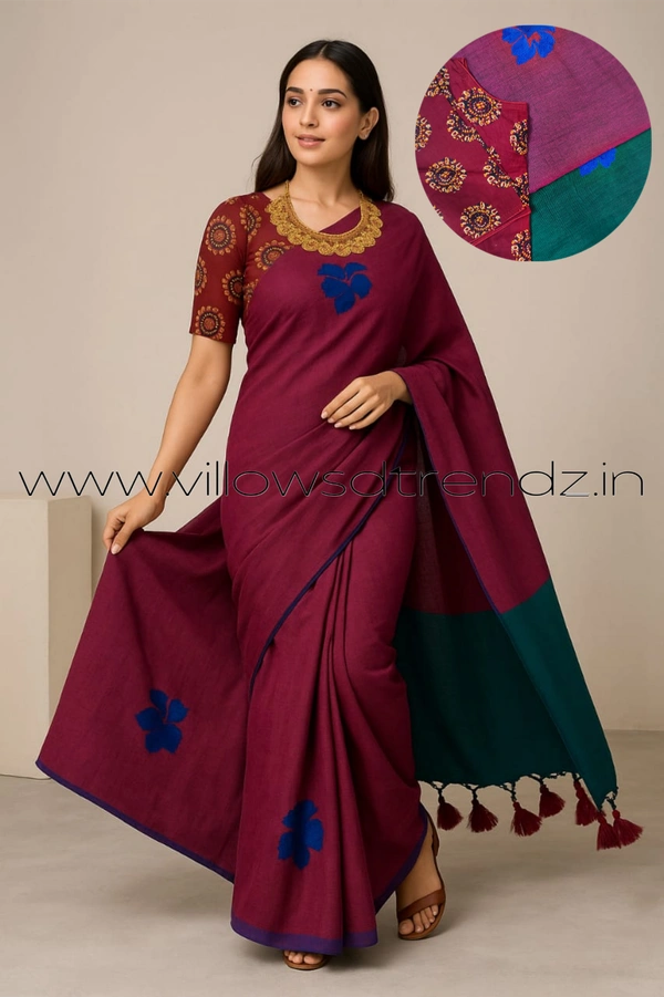 Ruthvi Ethincs Embroidery Khadi Saree With Blouse EMK37021004 - Purple, Saree With Blouse