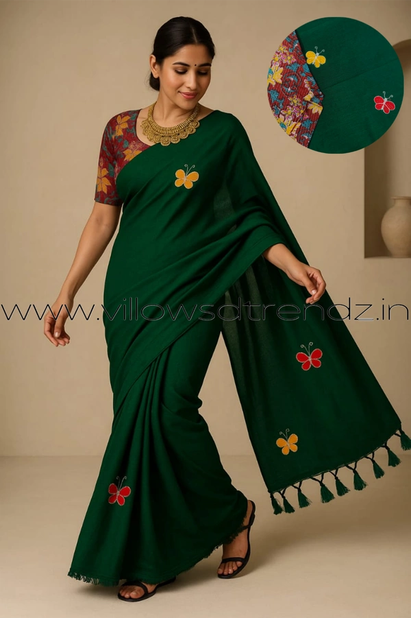 Ruthvi Ethincs Embroidery Khadi Saree With Blouse EMK37021005 - Dark Green, Saree With Blouse