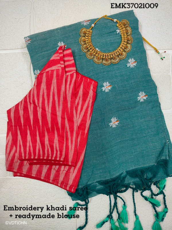 Ruthvi Ethincs Embroidery Khadi Saree With Blouse EMK37021009 - Ash Green, Saree With Blouse