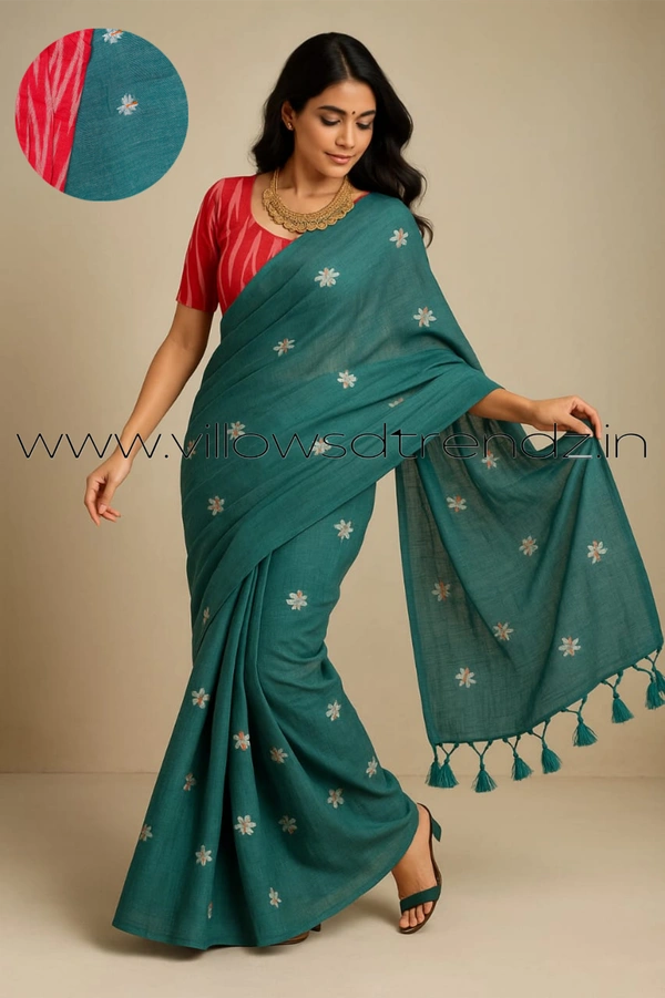 Ruthvi Ethincs Embroidery Khadi Saree With Blouse EMK37021009 - Ash Green, Saree With Blouse