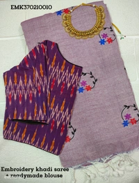 Ruthvi Ethincs Embroidery Khadi Saree With Blouse EMK37021010 - Lite Purple, Saree With Blouse