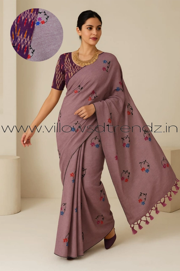 Ruthvi Ethincs Embroidery Khadi Saree With Blouse EMK37021010 - Lite Purple, Saree With Blouse