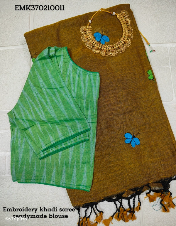 Ruthvi Ethincs Embroidery Khadi Saree With Blouse EMK37021011 - Mehandi Green, Saree With Blouse