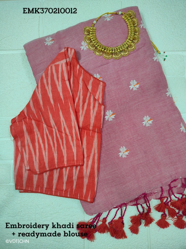 Ruthvi Ethincs Embroidery Khadi Saree With Blouse EMK37021012 - Pink, Saree With Blouse