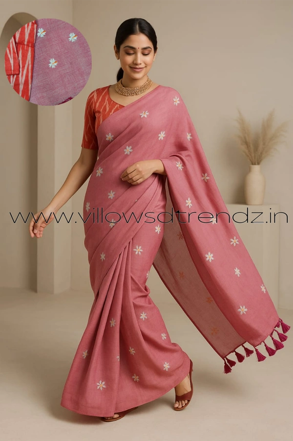 Ruthvi Ethincs Embroidery Khadi Saree With Blouse EMK37021012 - Pink, Saree With Blouse
