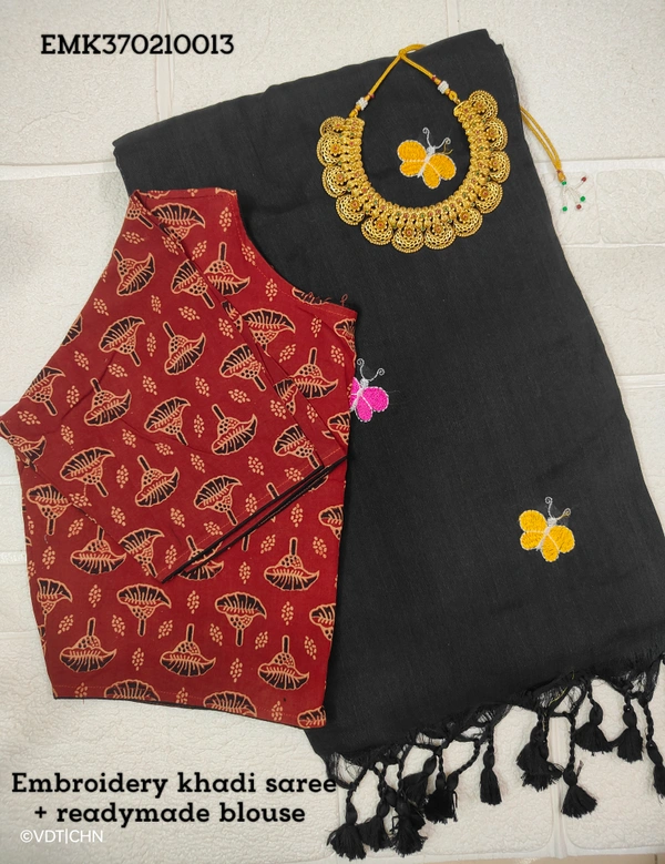 Ruthvi Ethincs Embroidery Khadi Saree With Blouse EMK37021013 - Black, Saree With Blouse