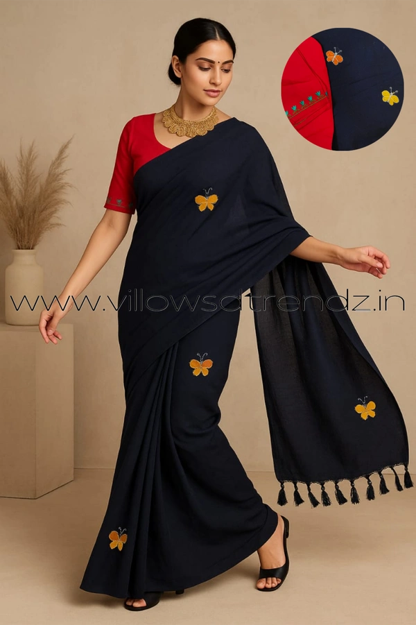 Ruthvi Ethincs Embroidery Khadi Saree With Blouse EMK37021003 - Ink Blue, Saree With Blouse