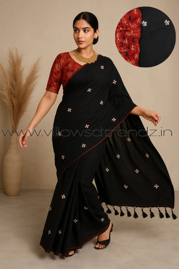 Ruthvi Ethincs Embroidery Khadi Saree With Blouse EMK37021014 - Black, Saree With Blouse