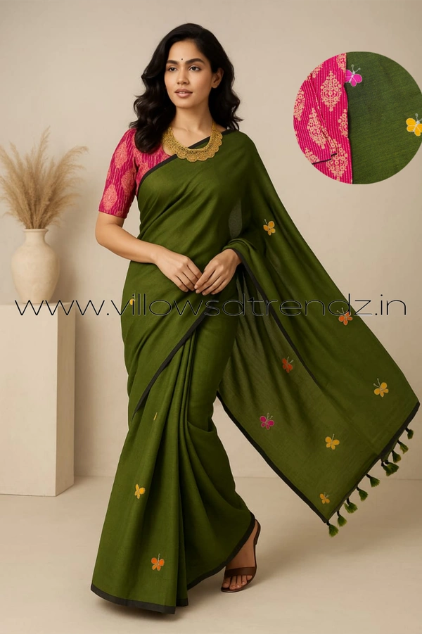 Ruthvi Ethincs Embroidery Khadi Saree With Blouse EMK37021015 - Green, Saree With Blouse