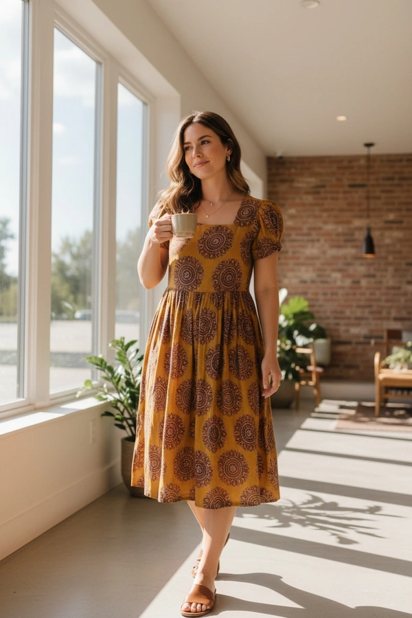 Villows Hand Crafted Organically Painted Kalamkari | Frocks/ Maxi| Yellow | KF45001 - Yellow, XL