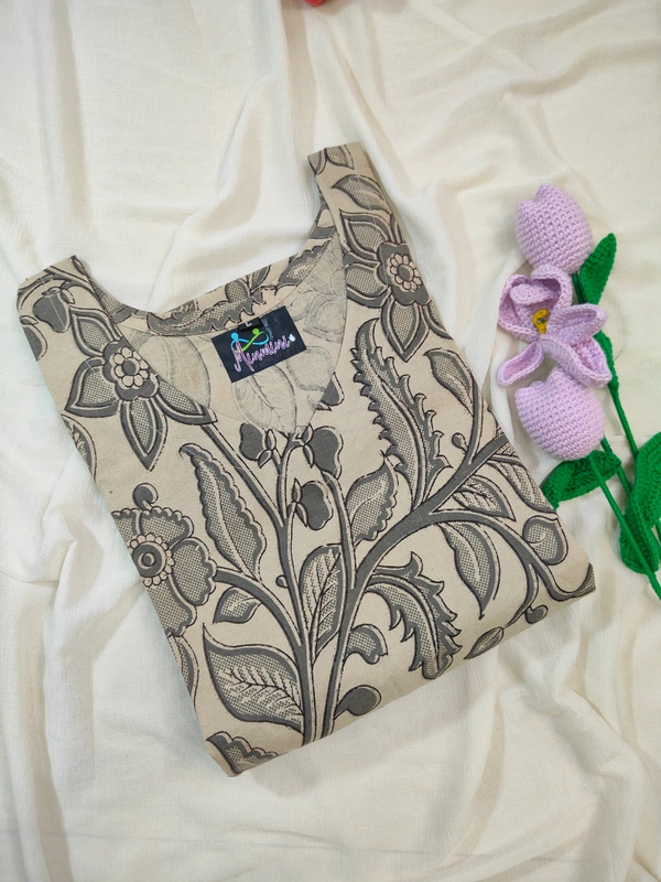 Minmini Hand Crafted Original Kalamkari | Side Cut Kurti| Grey | KM28007 - Grey, 3XL