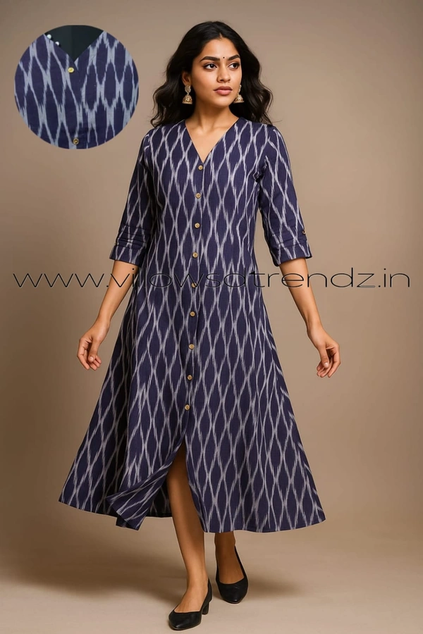 Twill Blue Ikkat Cotton -Aline Kurti| M | Blue |IK25903 - M, Blue