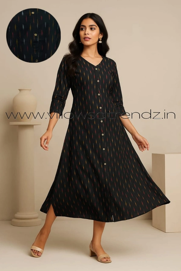 Twill Blue Ikkat Cotton -Aline Kurti| L | Black|IK35907 - L, Black