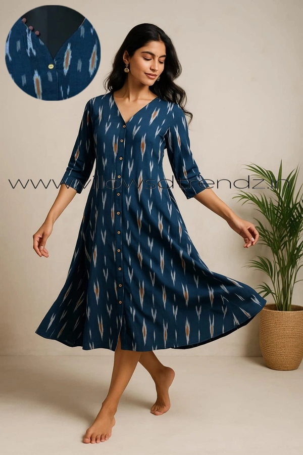 Twill Blue Ikkat Cotton -Aline Kurti| M | Blue |IK25902 - M, Blue