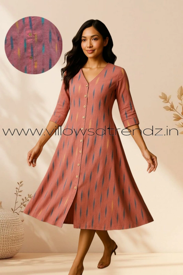 Twill Blue Ikkat Cotton -Aline Kurti |M | Pink |IK25907 - M, Pink
