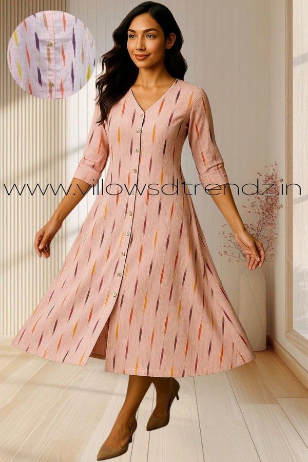 Twill Blue Ikkat Cotton -Aline Kurti| XL | Light Pink |IK25907 - XL, Light Pink