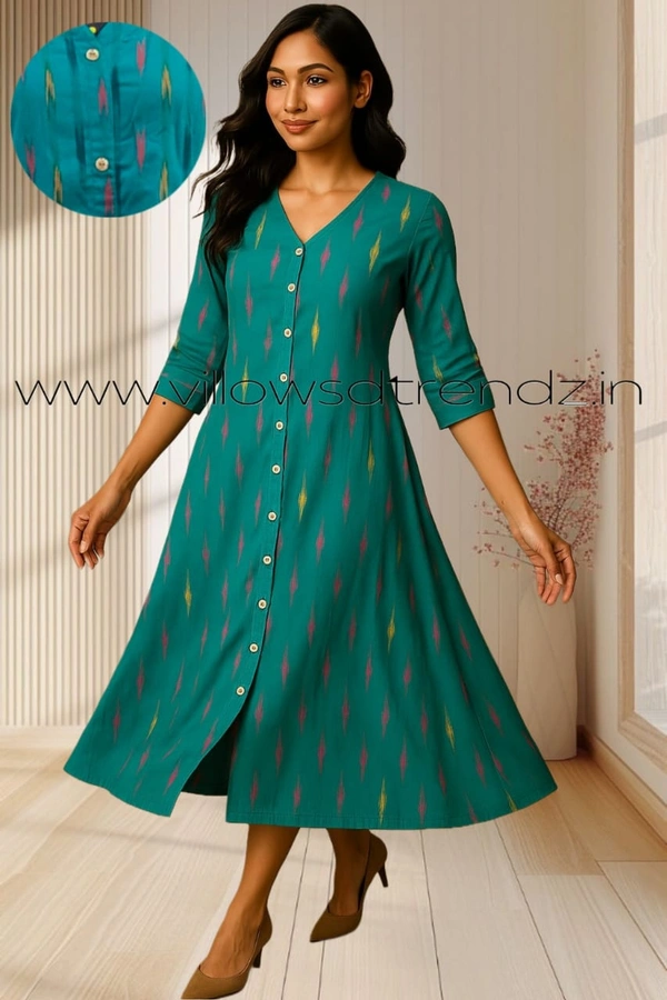 Twill Blue Ikkat Cotton -Aline Kurti| M | Rama Green |IK35906 - M, Rama Green