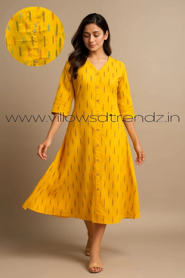 Twill Blue Ikkat Cotton -Aline Kurti| 2XL | Yellow |IK25904 - 2XL, Yellow
