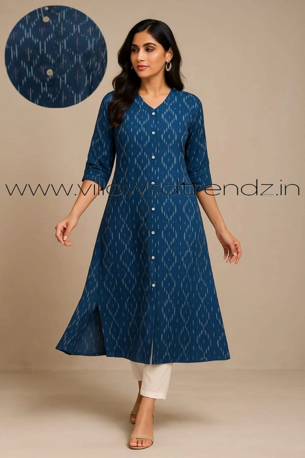 Twill Blue Ikkat Cotton -Aline Kurti| M | Blue |IK35908 - M, Blue