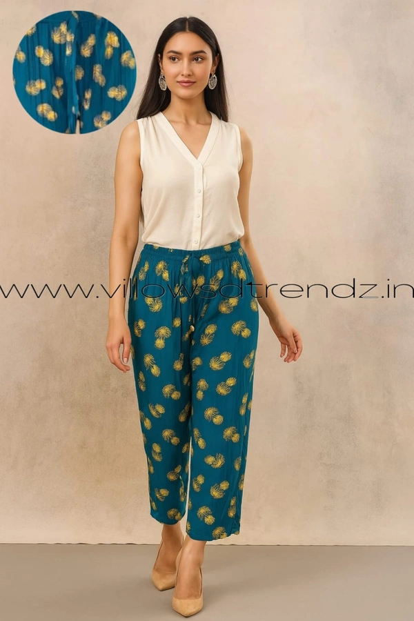 Ruthvi Ethnics Imported Georgette Golden Tag Palazzo| Foil Printed Palazzo| Teal Blue | IP16509 - FS(Fits upto L), Teal Blue