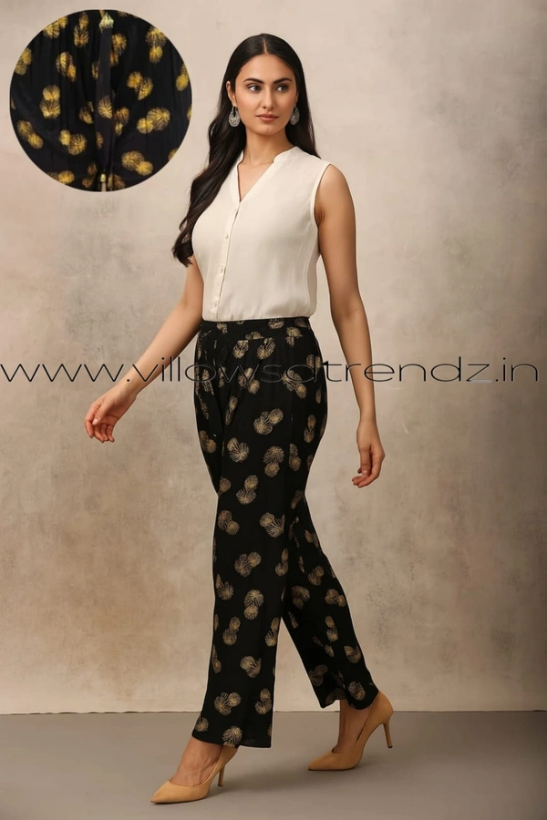 Ruthvi Ethnics Imported Georgette Golden Tag Palazzo| Foil Printed Palazzo| Black | IP165011 - FS(Fits upto L), Black