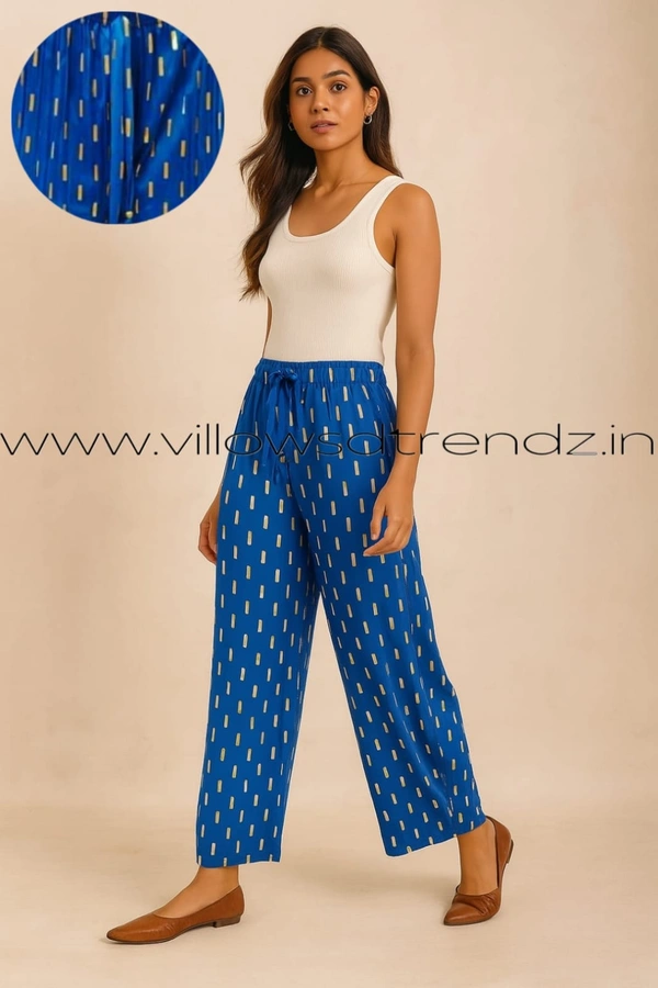 Ruthvi Ethnics Imported Georgette Golden Tag Palazzo| Foil Printed Palazzo| Blue | IP165023 - FS(Fits upto L), Blue