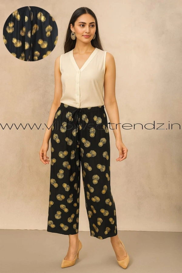 Ruthvi Ethnics Imported Georgette Golden Tag Palazzo| Foil Printed Palazzo| Black | IP16507 - FS(Fits upto L), Black