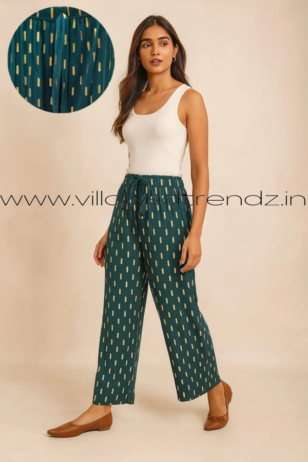 Ruthvi Ethnics Imported Georgette Golden Tag Palazzo| Foil Printed Palazzo| Bottle Green | IP165024 - FS(Fits upto L), Bottle Green