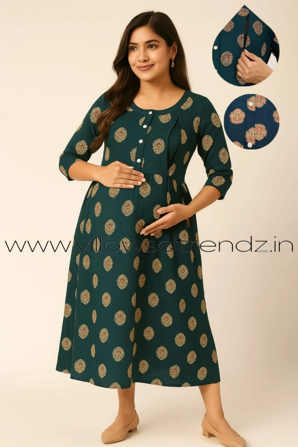 Twill Blue Invisible Side Zip Feeding Umbrella Rayon Kurti | Dark Green | PFK28018 - Dark Green, XL