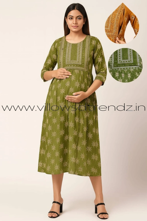 Twill Blue Invisible Side Zip Feeding Umbrella Rayon Kurti | Mehandi Green | PFK28015 - Mehandi Green, 2XL