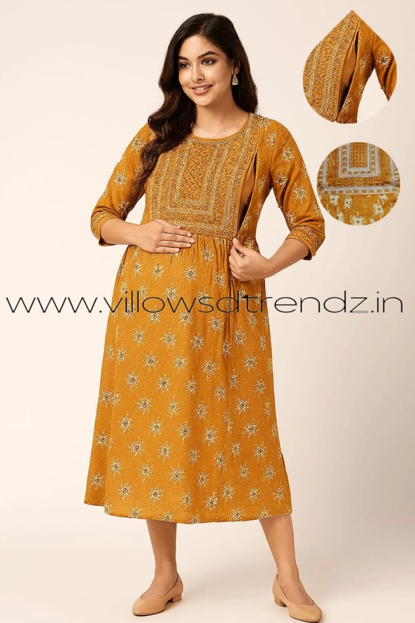 Twill Blue Invisible Side Zip Feeding Umbrella Rayon Kurti | Mustered Yellow | PFK28014 - Mustered Yellow, XL