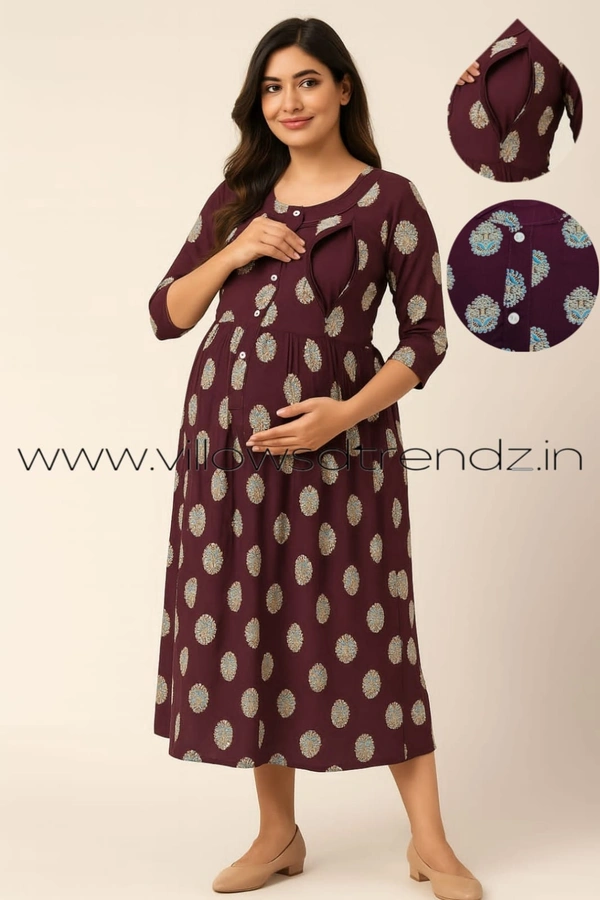 Twill Blue Invisible Side Zip Feeding Umbrella Rayon Kurti | Maroon | PFK28020 - Maroon, XL