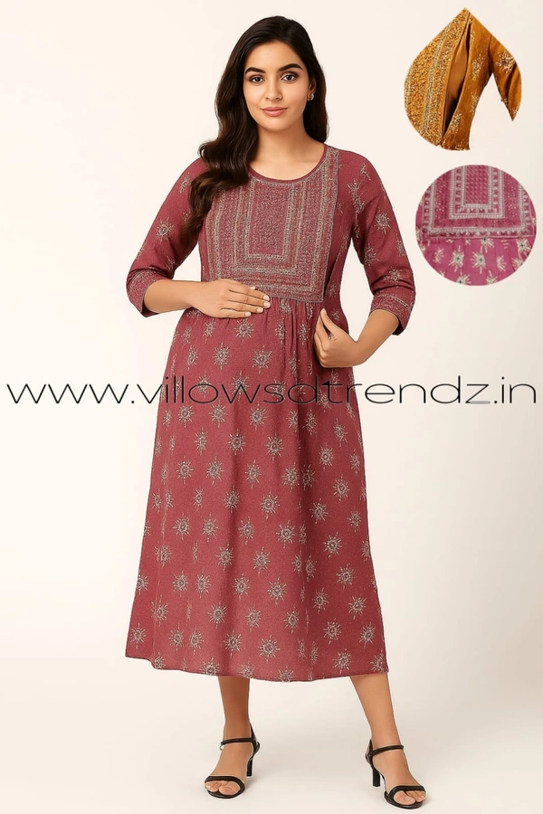 Twill Blue Invisible Side Zip Feeding Umbrella Rayon Kurti | Onion Pink | PFK28013 - Onion Pink, XL