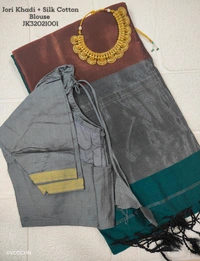 Ruthvi Ethincs Jari khadi with Silk Cotton Blouse JK32021003 - Ash With Maroon, Saree With Blouse