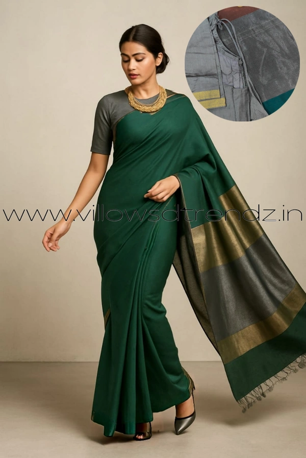 Ruthvi Ethincs Jari khadi with Silk Cotton Blouse JK32021003 - Ash With Maroon, Saree With Blouse