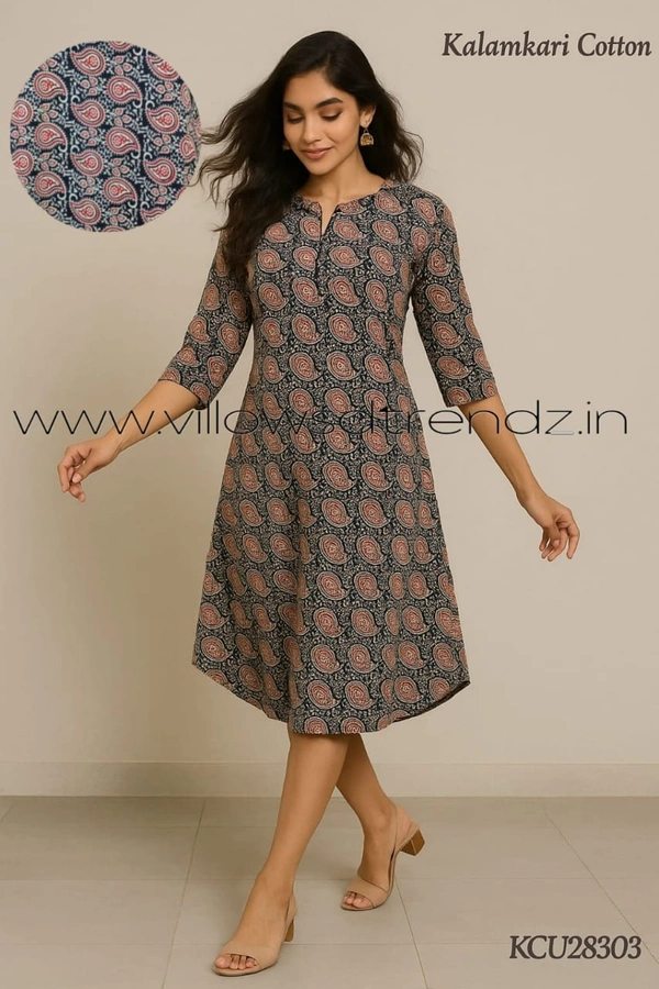 Twill Blue Kalamkari cotton Kurti| S | Blue |KCU28303 - S, Blue