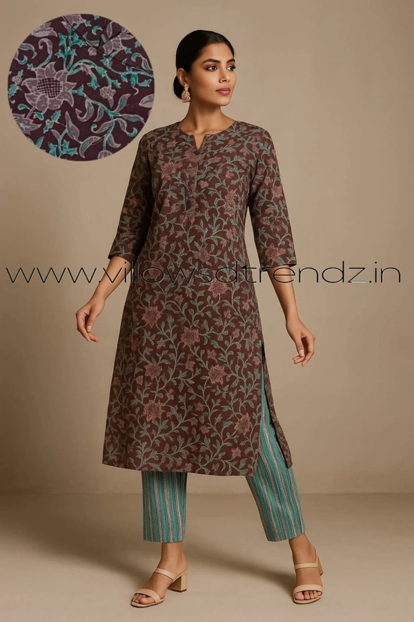 Twill Blue Kalamkari Cotton kurti with Phant | M| Maroon| KS36001 - M, Maroon