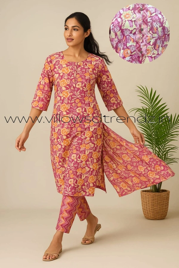 Twill Blue Kalamkari Cotton kurti with Phant  |  M| Pink | KS1559 - M, Pink